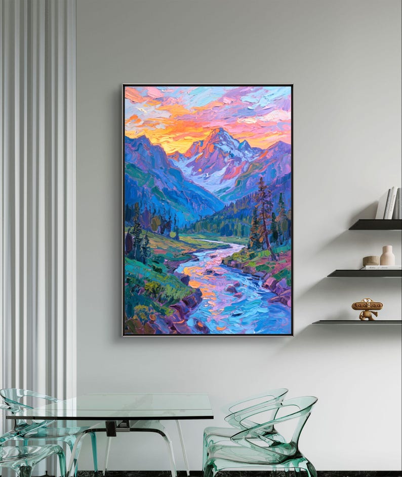 Textured Mountain River Oil Painting on Canvas, Colorful Landscape Art ...