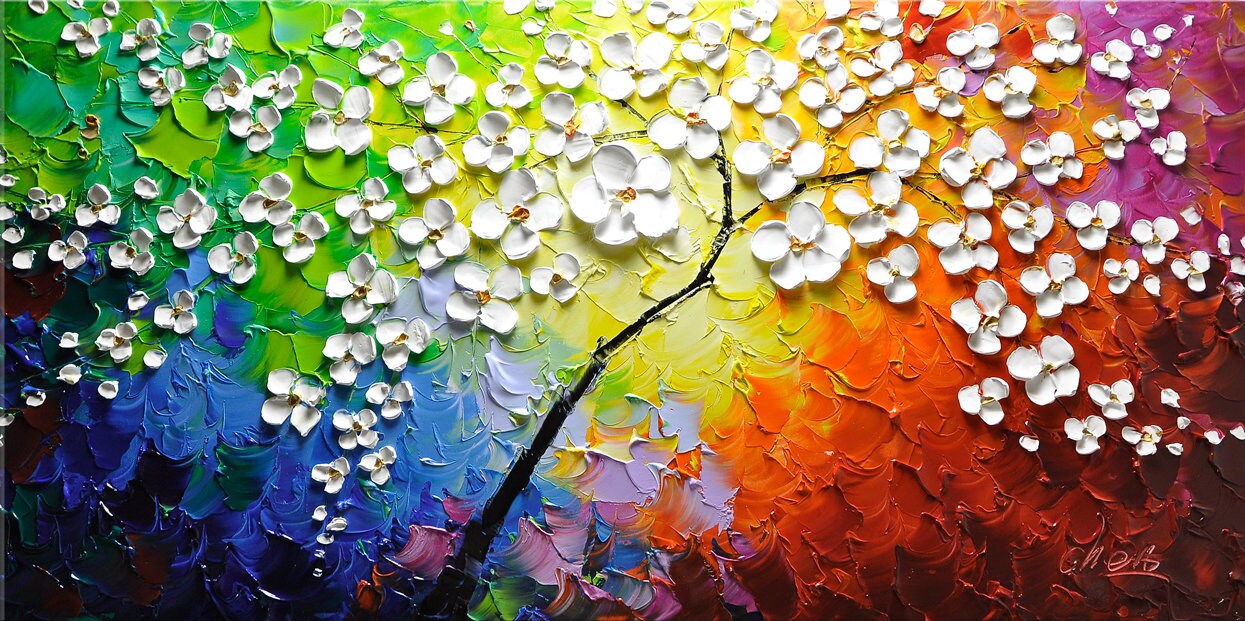 テクスチャのある花の油絵：抽象的なパレットナイフアート、モダンな