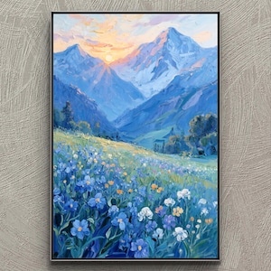 Textured Mountain Landscape Oil Painting: 3D Floral Field Canvas Art
