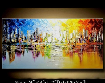 Pintura texturizada del paisaje urbano de Nueva York: arte mural abstracto y colorido del horizonte