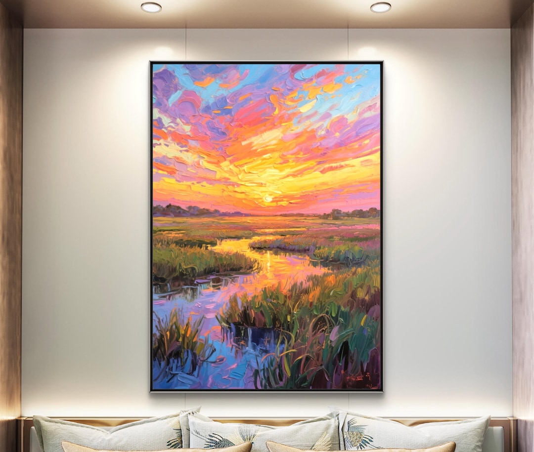 Textured Sunset Oil Painting: 3D Wetland Landscape Art on Canvas - Etsy