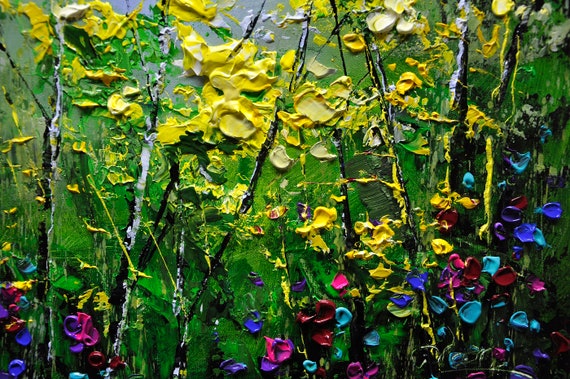 緑の森のアクリル画、縦長のキャンバスウォールアート - Etsy 日本