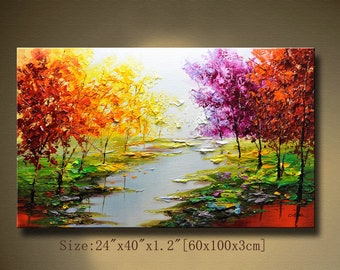 Textured Forest Oil Painting: Colorful Boho Canvas Wall Art