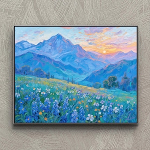 Textured Mountain Landscape Oil Painting: 3D Floral Field Canvas Art