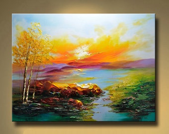 abstract Landscape oil painting bright color painting vivid painting bedroom painting gift nature home decor ,impasto painting