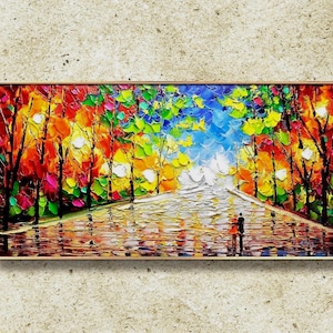 Original Acrylic Park Landscape Painting: Colorful Living Room Wall Art