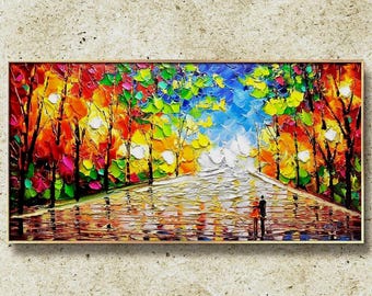 Original Acrylic Park Landscape Painting: Colorful Living Room Wall Art