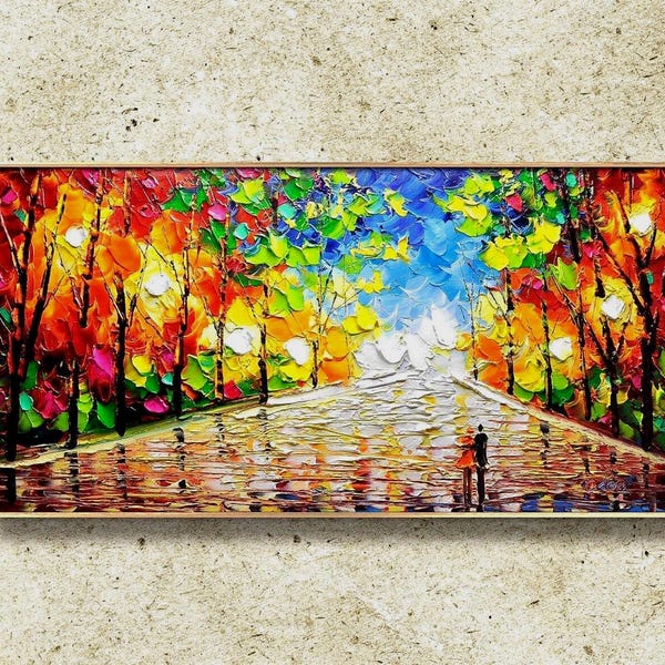 Original Acrylic Park Landscape Painting: Colorful Living Room Wall Art