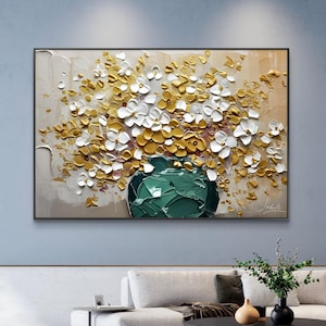 Gold & White Flower Painting: 3D Textured Floral Canvas Art