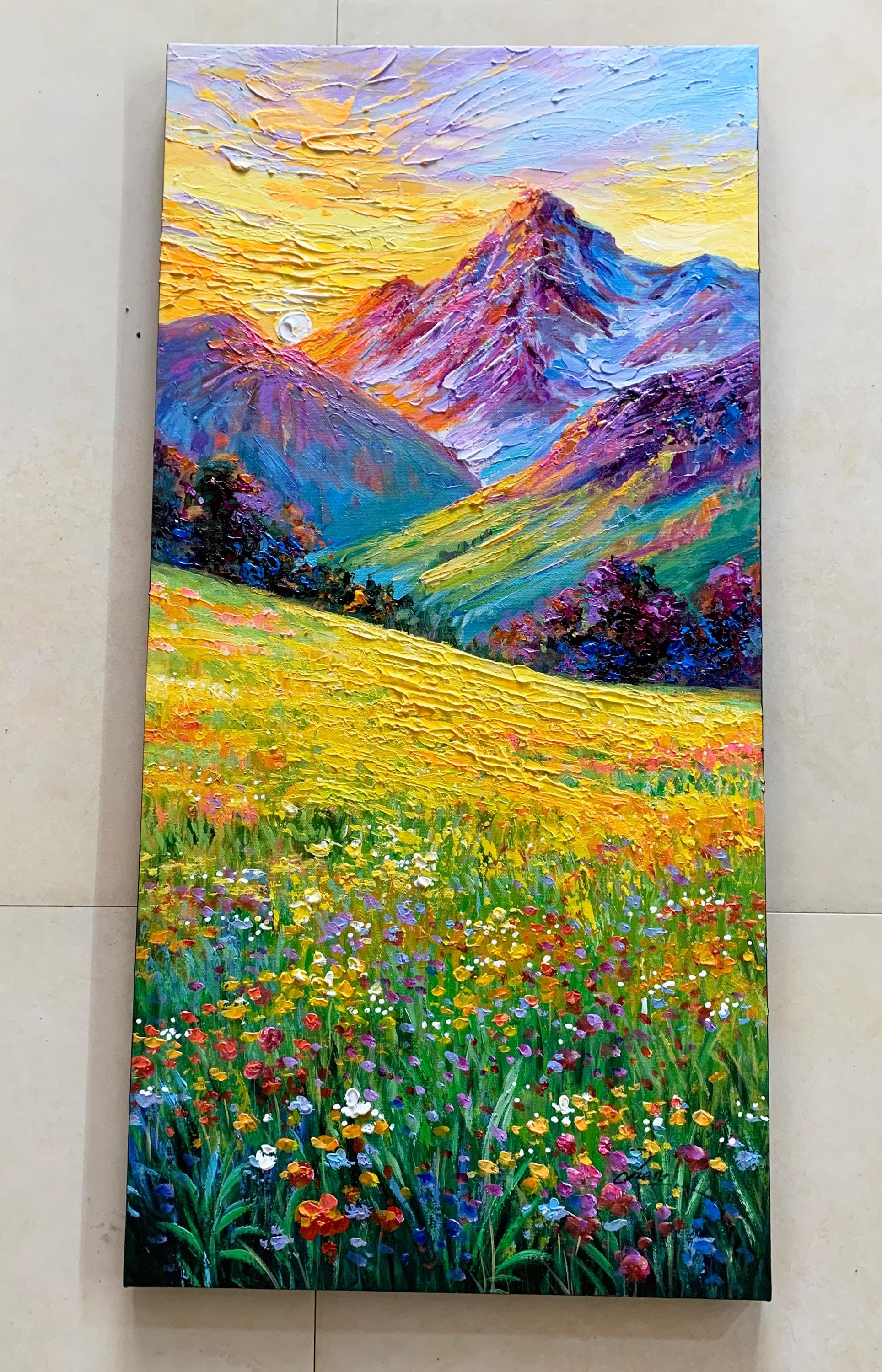 テクスチャのある山の風景油絵：3D花畑キャンバスアート - Etsy 日本