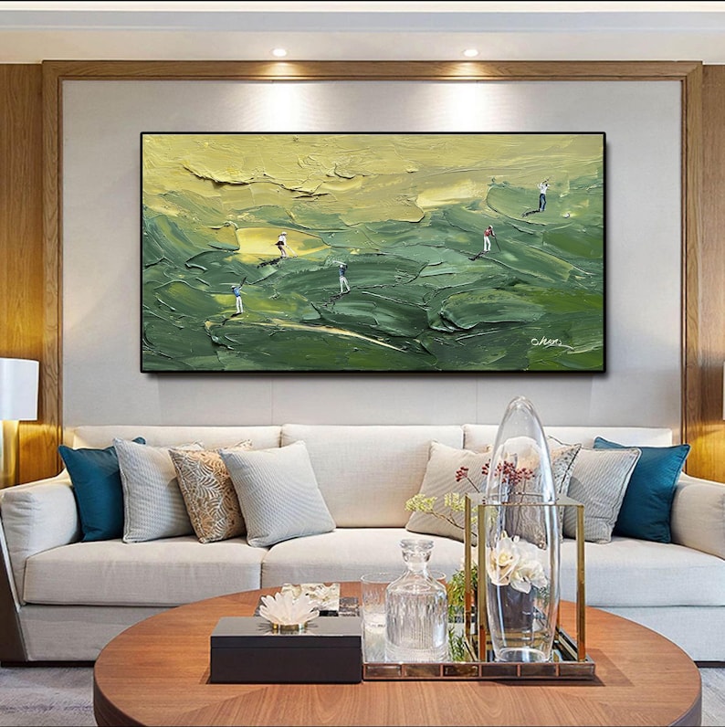 Golfkunst met textuur, groen paletmesschilderij, modern sportdecor afbeelding 11