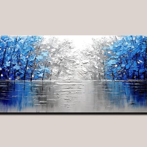 Original Blue Forest Painting on Canvas Texture Tree Wall Art  Fashion Wall Art for living room  Impasto Painting gifts