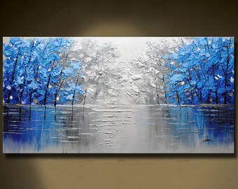 Large Blue Forest Painting on Canvas Texture Tree Wall Art  Fashion Wall Art for living room  Impasto Painting gifts