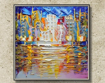 Pintura de paisaje urbano azul sobre lienzo: arte moderno del horizonte