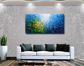 キャンバスに描かれた大きな森の油絵：青空のインパストアート - Etsy 日本