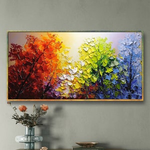 Vibrant Flower Tree Knife Painting,Unique Colorful Abstract Nature Forest Landscape Painting,Custom Living Room Home Decor,birthday gifts image 7