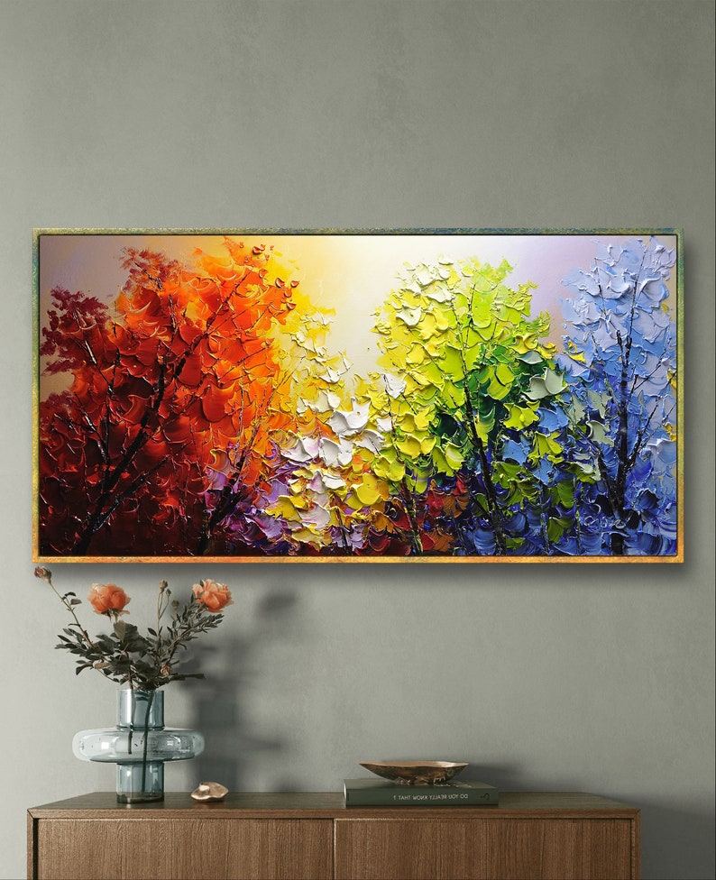 Vibrant Flower Tree Knife Painting,Unique Colorful Abstract Nature Forest Landscape Painting,Custom Living Room Home Decor,birthday gifts image 7