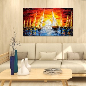 Large Sailboat Oil Painting On Canvas Colorful Ocean Painting marina Landscape Painting Living Room Wall Art Summer Decor image 7