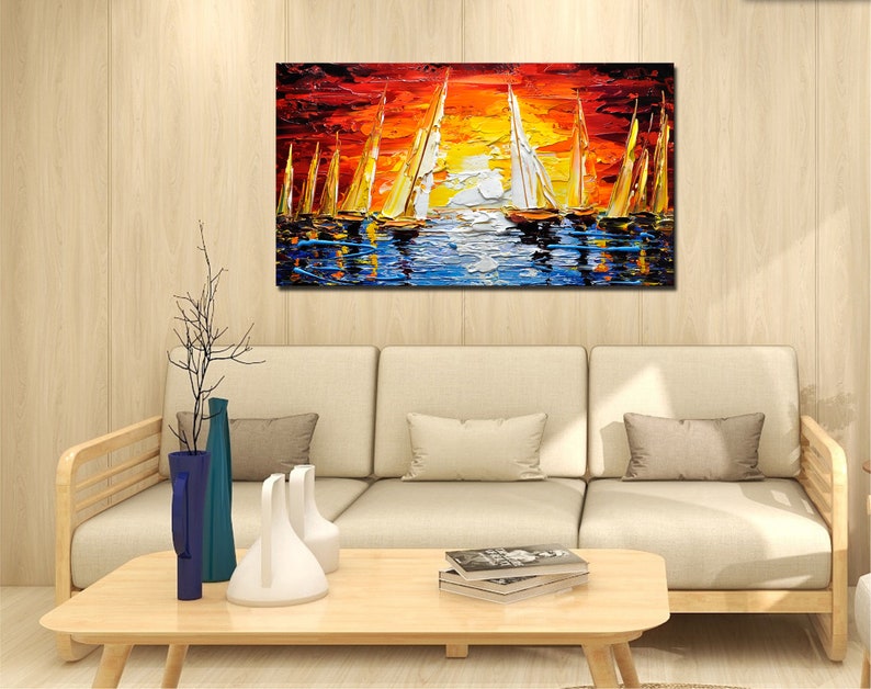 Large Sailboat Oil Painting On Canvas Colorful Ocean Painting marina Landscape Painting Living Room Wall Art Summer Decor image 7