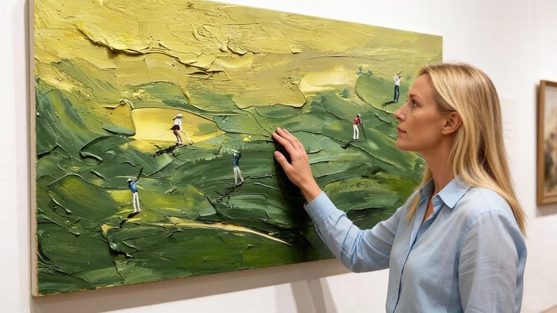 Op de afbeelding: Een olieverfschilderij dat een golfbaan afbeeldt met miniatuurfiguren die golf spelen. Het kunstwerk heeft getextureerde penseelstreken in groen- en geeltinten. Een vrouw in een blauw overhemd raakt het schilderij aan.