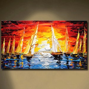 Large Sailboat Oil Painting On Canvas Colorful Ocean Painting marina Landscape Painting Living Room Wall Art Summer Decor image 2