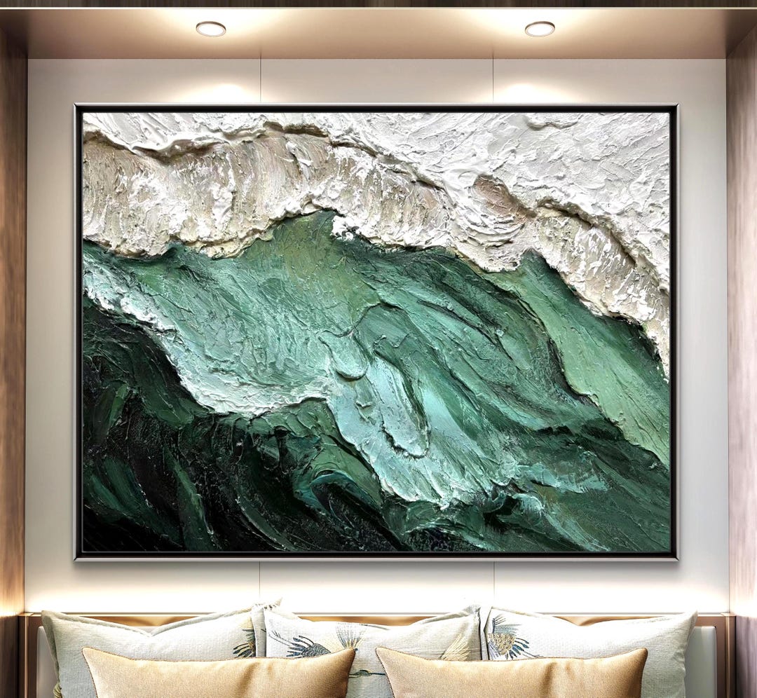 Thick Oil Texture Sage Green Beige Minimalist Beach Painting Large 3D ...