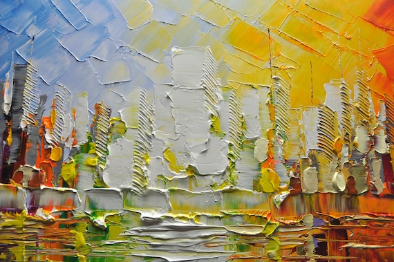 Textured New York Cityscape Painting: Abstract Colorful Skyline