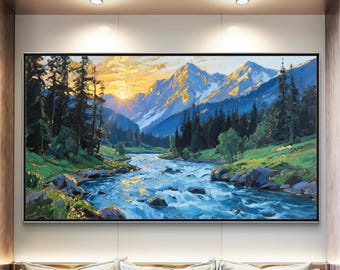 May include: A framed landscape painting depicts a mountain range with snow-capped peaks under a sunset sky. A river flows through a valley with trees and green grass. The artwork is in a black frame.
