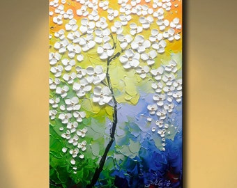 Abstract kersenboomolieverfschilderij: getextureerde bloemencanvas muurkunst
