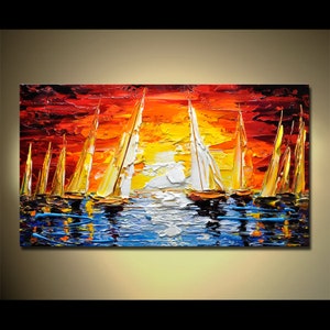 Large Sailboat Oil Painting On Canvas Colorful Ocean Painting marina Landscape Painting Living Room Wall Art Summer Decor image 3