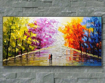 large colorful wall art, autumn Park Forest paintings on canvas ,Living Room Decor over the couch wall art,nature lover gift