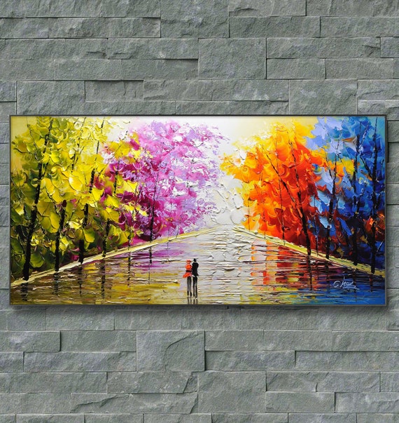 Horizontal Palette Knife Contemporary Art,Large Abstract Art Handmade  Acrylic Painting,Yellow,Blue,White,Purple,Red