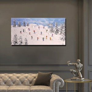 Original Skiing Painting: Textured Mountain Art on Canvas (24x46 inch) image 7