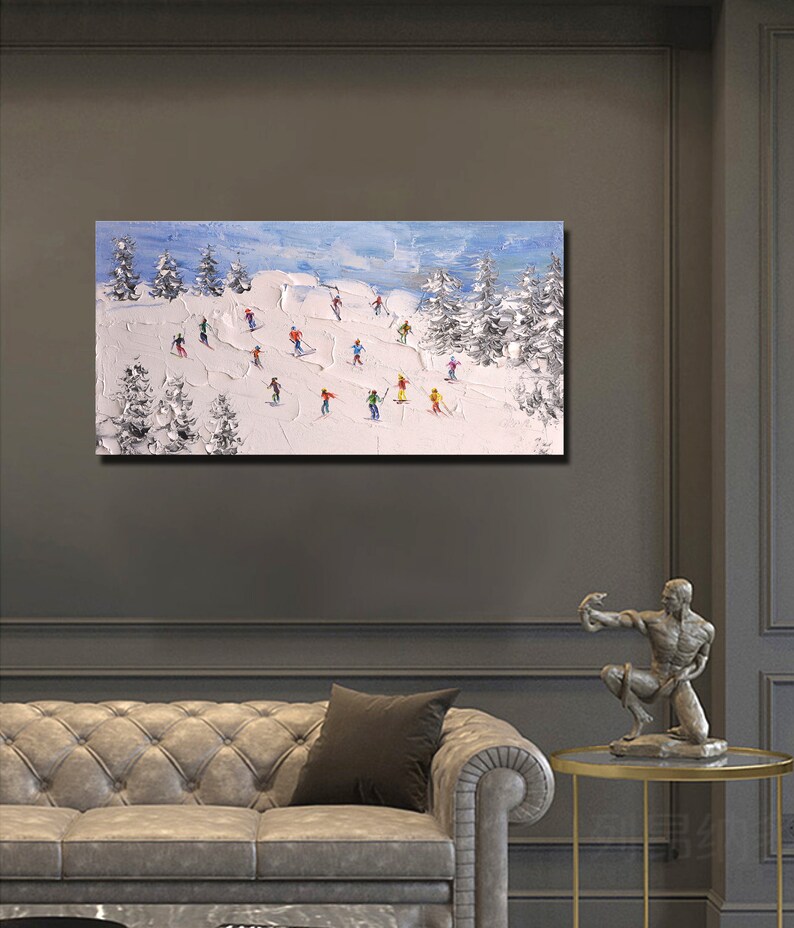 Original Skiing Painting: Textured Mountain Art on Canvas (24x46 inch) image 7