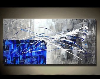 minimalist modern oil painting knife Texture  abstract wall art black gray blue over fireplace picture  unique wall art above couch