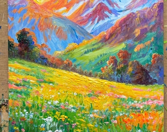 テクスチャのある山の風景油絵：3D花畑キャンバスアート - Etsy 日本