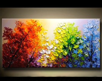 Vibrant Flower Tree Knife Painting,Unique Colorful Abstract Nature Forest Landscape Painting,Custom Living Room Home Decor,birthday gifts