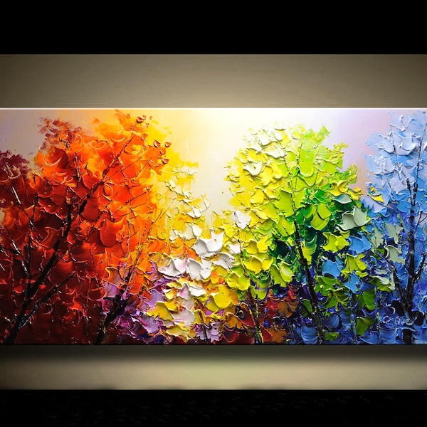 Abstract Tree Painting Colorful Forest 3D Palette Knife Impasto Canvas Art