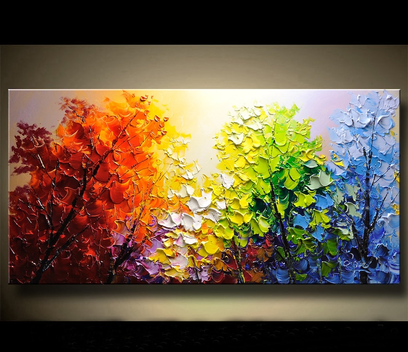 Vibrant Flower Tree Knife Painting,Unique Colorful Abstract Nature Forest Landscape Painting,Custom Living Room Home Decor,birthday gifts image 1