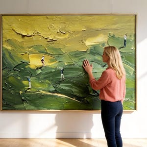 Golfkunst met textuur, groen paletmesschilderij, modern sportdecor afbeelding 3