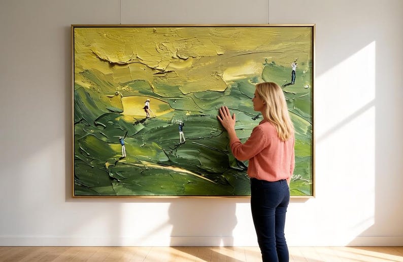 Golfkunst met textuur, groen paletmesschilderij, modern sportdecor afbeelding 3