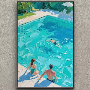 Textured Swimming Pool Painting: 3D Palette Knife Green Canvas Art