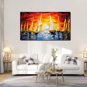 Large Sailboat Oil Painting On Canvas Colorful Ocean Painting marina Landscape Painting Living Room Wall Art Summer Decor image 5