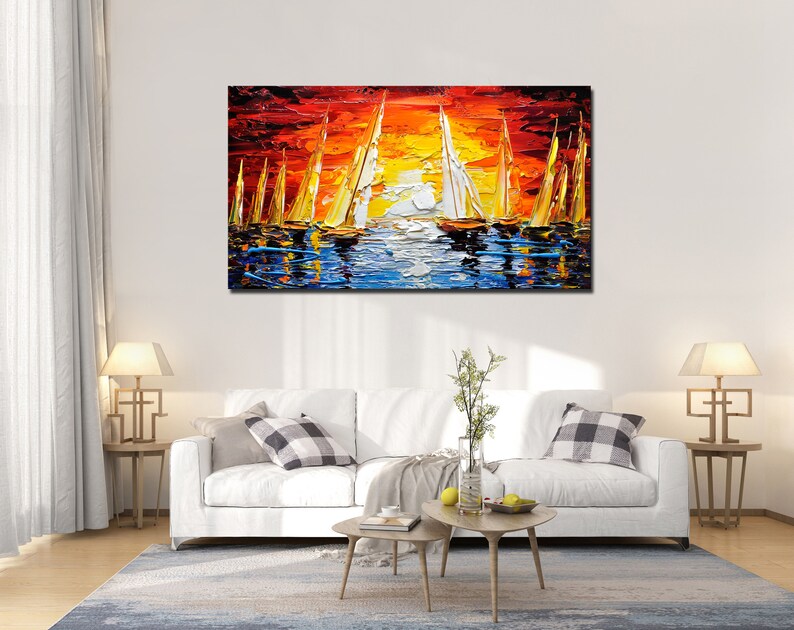 Large Sailboat Oil Painting On Canvas Colorful Ocean Painting marina Landscape Painting Living Room Wall Art Summer Decor image 5