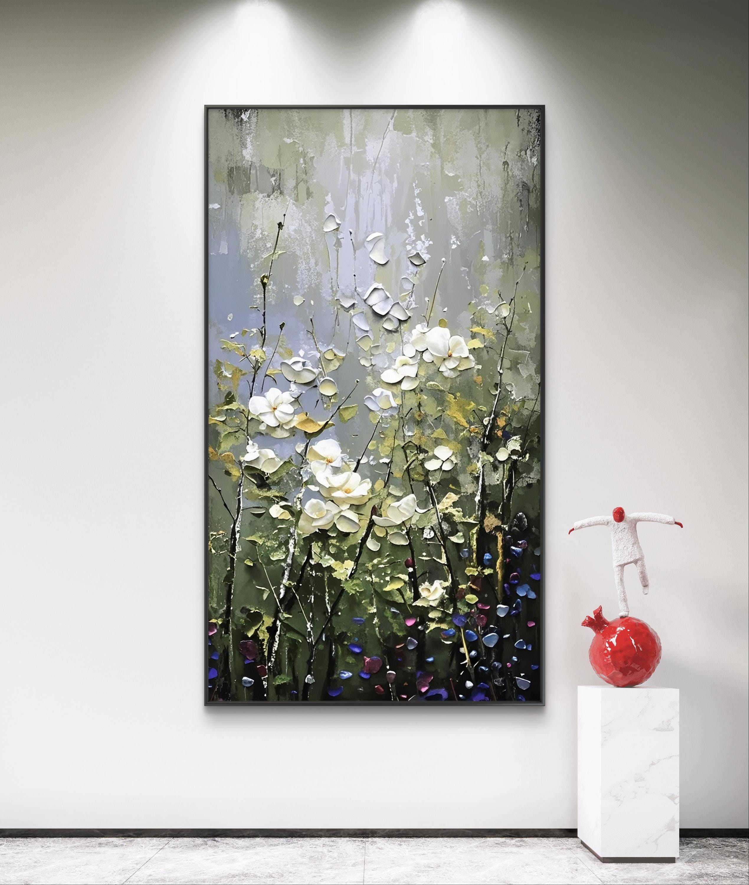 緑の森の絵画、縦長のキャンバスアート、抽象的な花の風景 - Etsy 日本