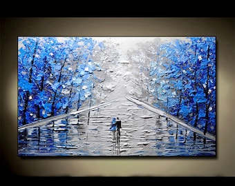 Textured Impasto Painting, Blue Trees, Colorful Forest Landscape (24x40 inch)