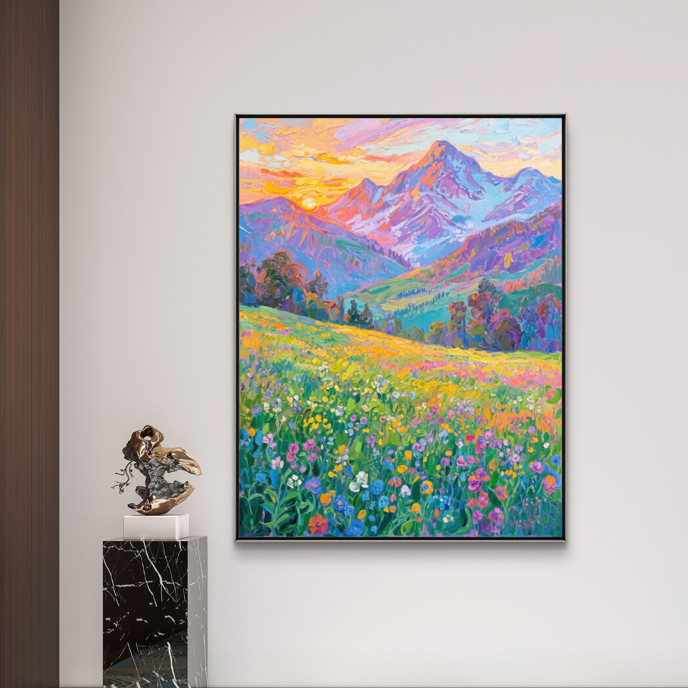 テクスチャのある山の風景油絵：3D花畑キャンバスアート - Etsy 日本