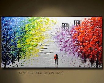 Textured Impasto Tree Painting: Colorful Abstract Cityscape Wall Art