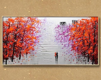 Red Tree Colorful park Landscape oil boho paintings Knife Abstract Art unusual wall art Christmas painting gift