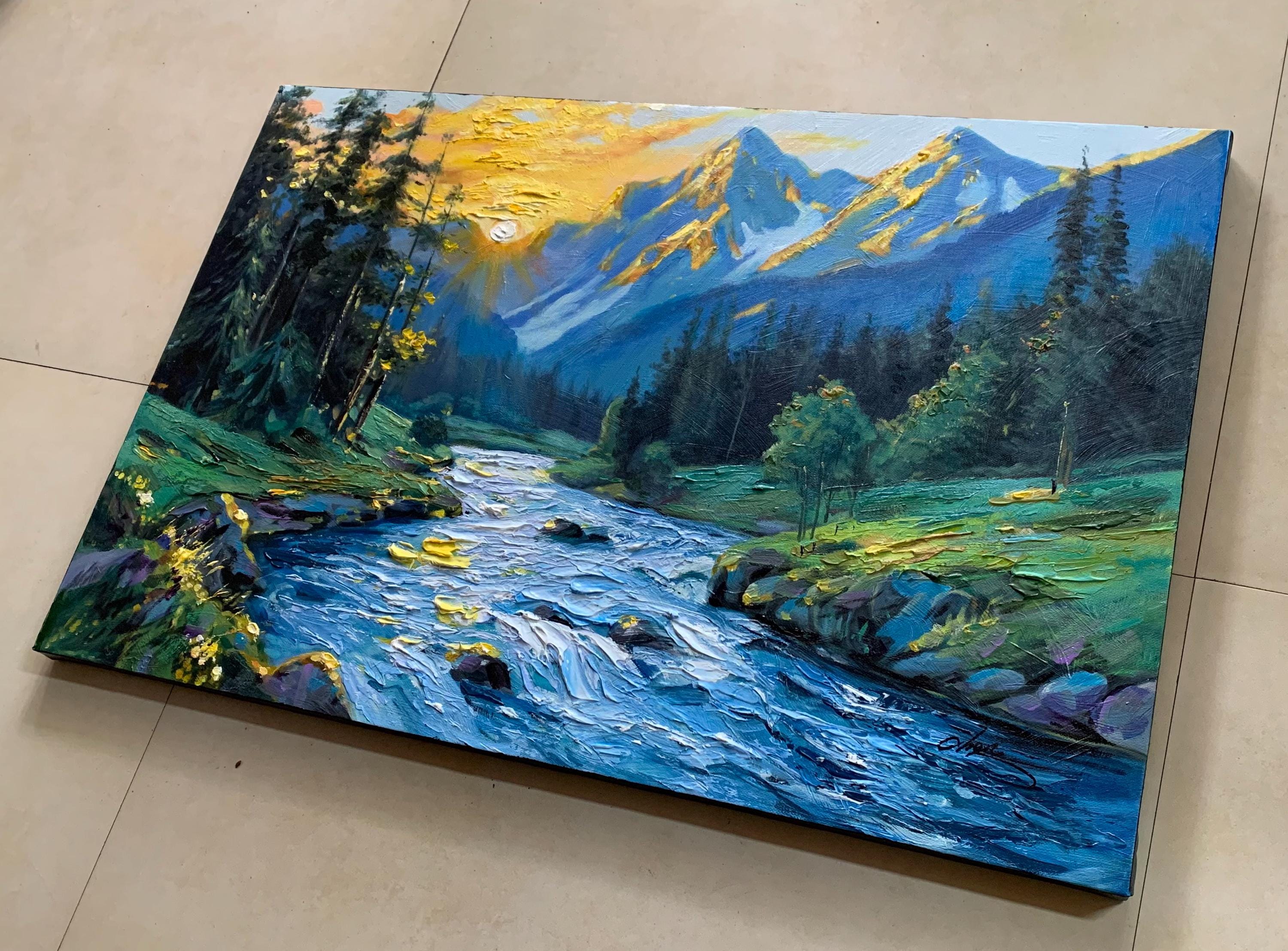 Mountain Landscape Painting 3D Textured Abstract Blue Nature Art ...